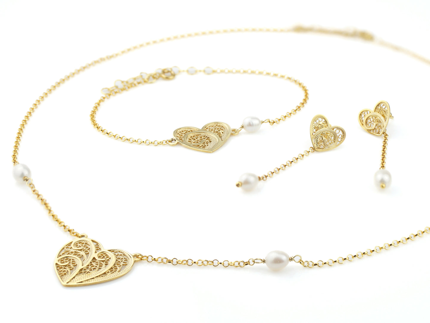Earrings + Bracelet + Heart Necklace Set with Pearls, Portuguese Filigree, 925 Sterling Silver, Gold