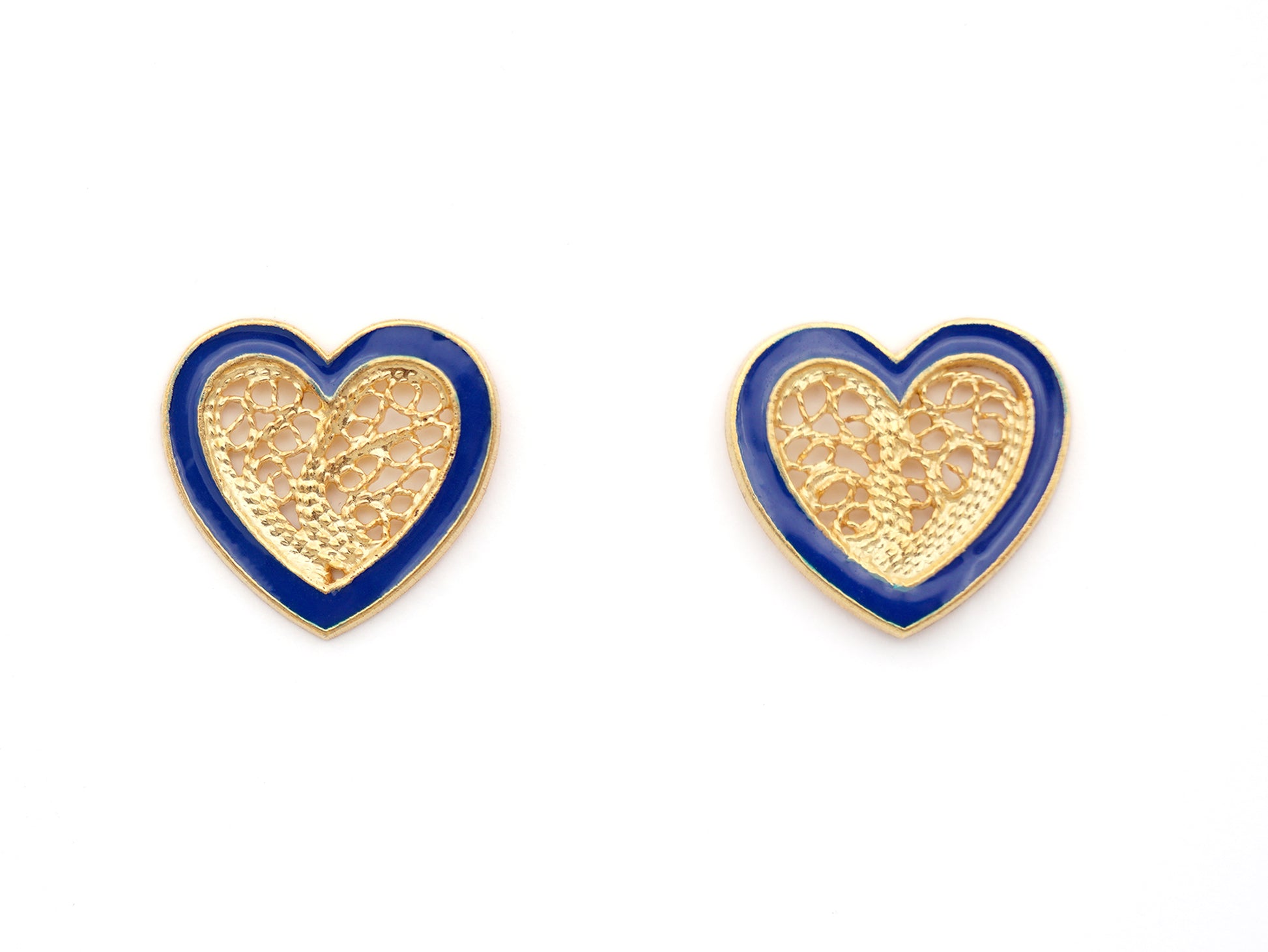 Brincos Coração Pequeno Esmalte Azul, Filigrana Portuguesa, Prata de Lei 925 Dourada - Vista de frente