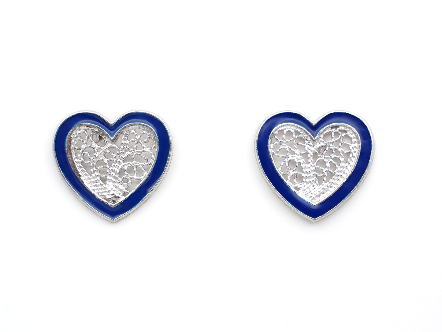 Brincos Coração Pequeno Esmalte Azul, Filigrana Portuguesa, Prata de Lei 925 - Vista de frente