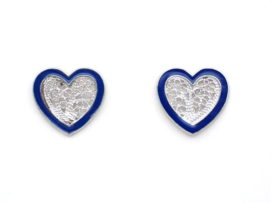 Brincos Coração Pequeno Esmalte Azul, Filigrana Portuguesa, Prata de Lei 925 - Vista de frente