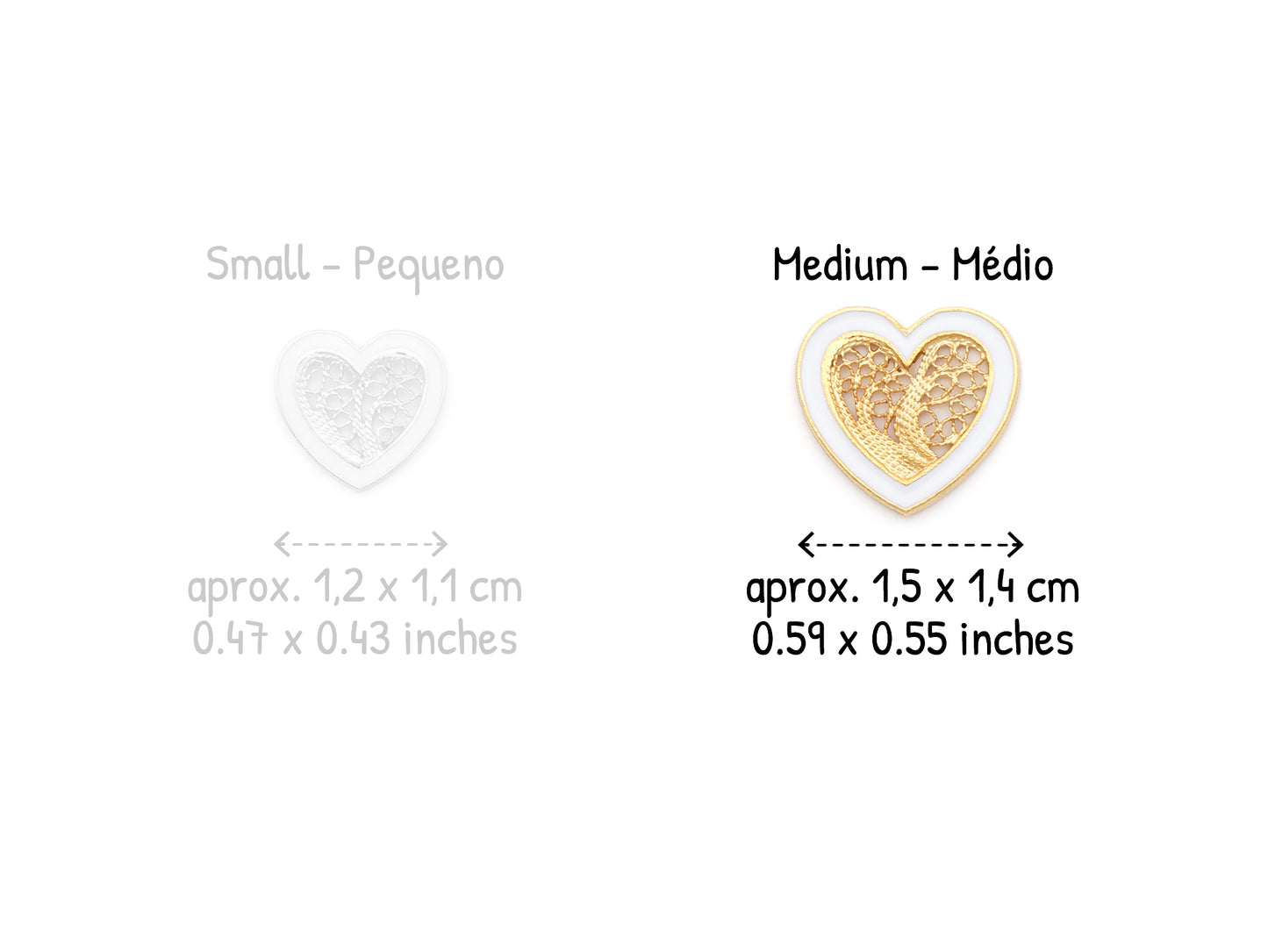 Brincos Coração Médio Esmalte Branco, Filigrana Portuguesa, Prata de Lei 925 Dourada - Comparação