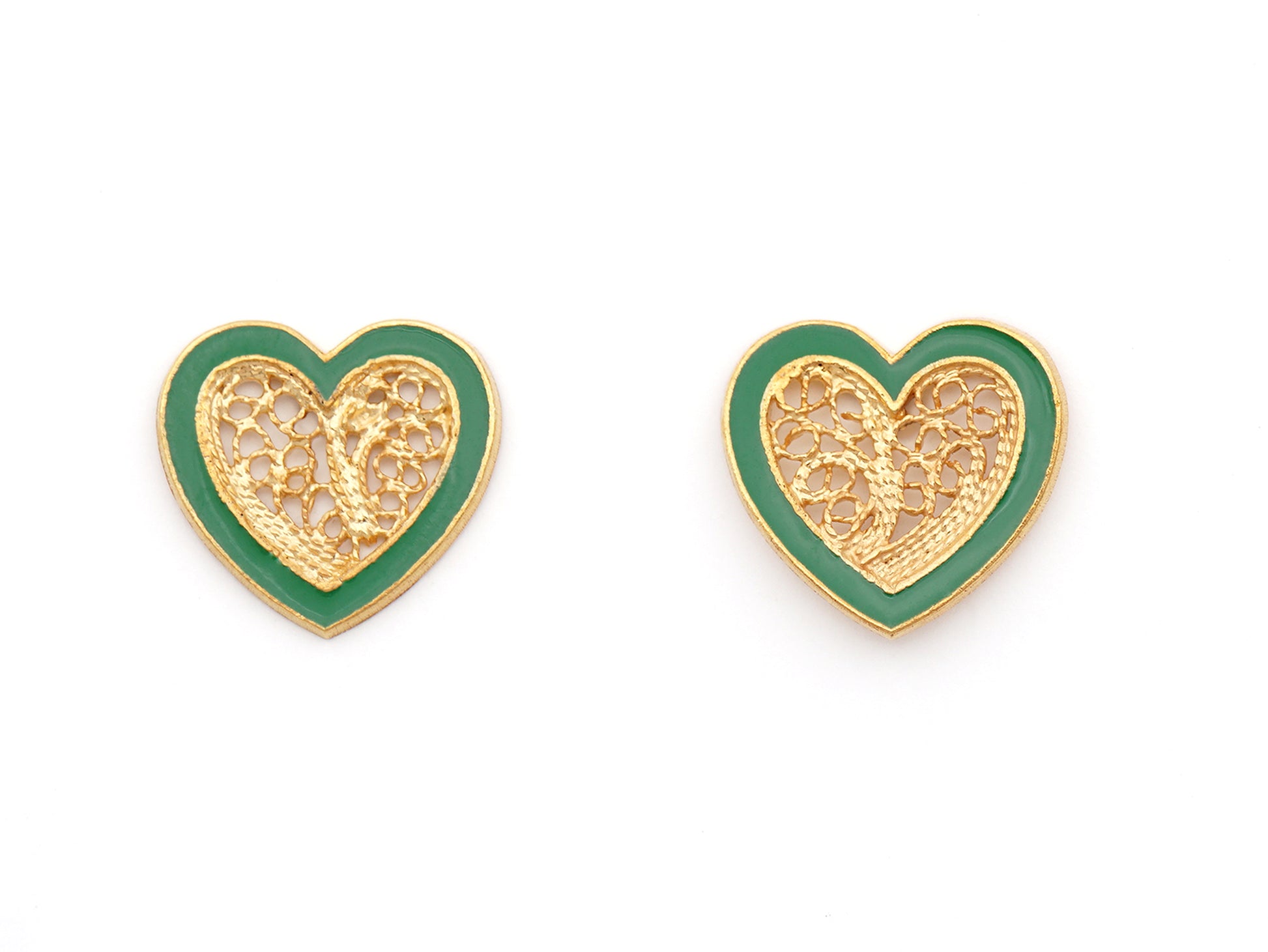 Brincos Coração Pequeno Esmalte Verde, Filigrana Portuguesa, Prata de Lei 925 Dourada - Vista de frente