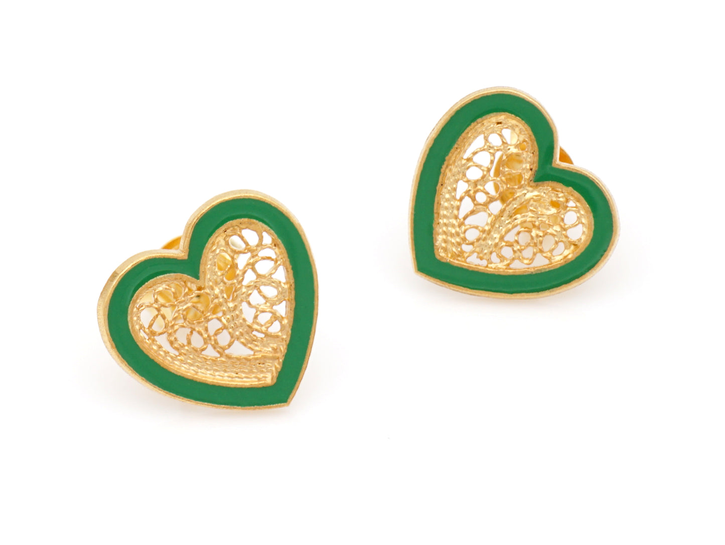 Brincos Coração Pequeno Esmalte Verde, Filigrana Portuguesa, Prata de Lei 925 Dourada - Perspectiva