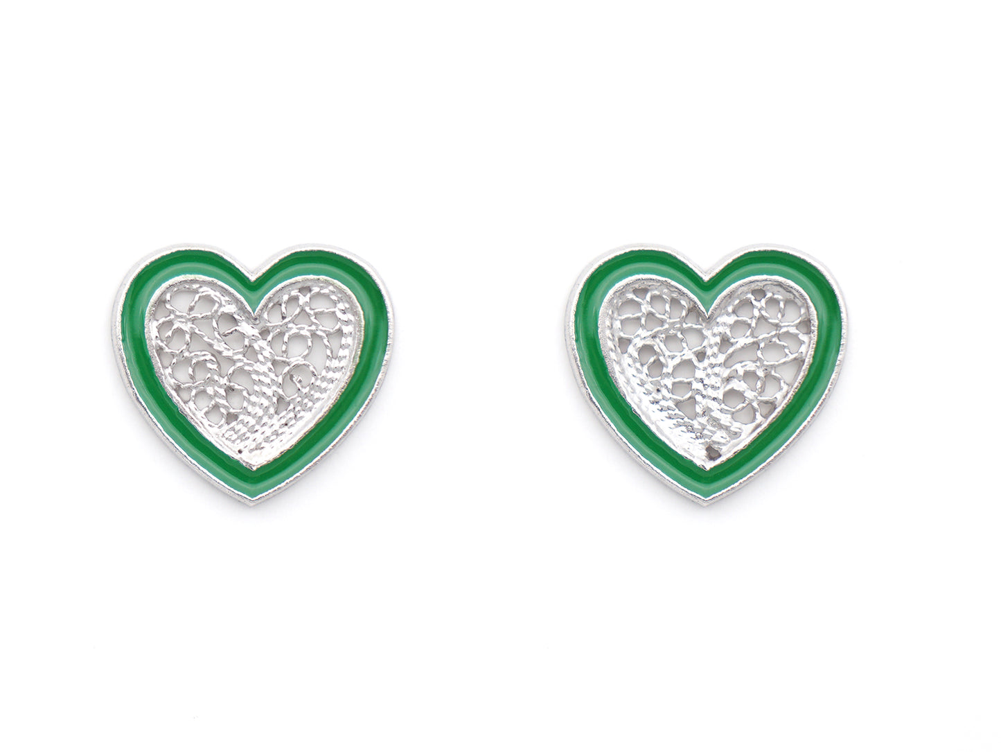 Brincos Coração Pequeno Esmalte Verde, Filigrana Portuguesa, Prata de Lei 925 - Vista de frente