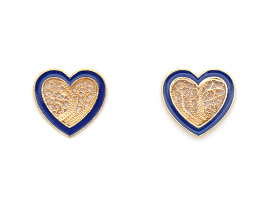 Brincos Coração Médio Esmalte Azul, Filigrana Portuguesa, Prata de Lei 925 Dourada - Vista de frente