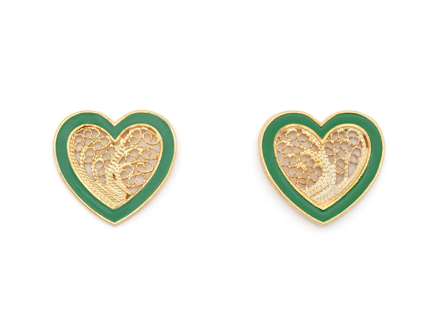 Brincos Coração Médio Esmalte Verde, Filigrana Portuguesa, Prata de Lei 925 Dourada - Vista de frente