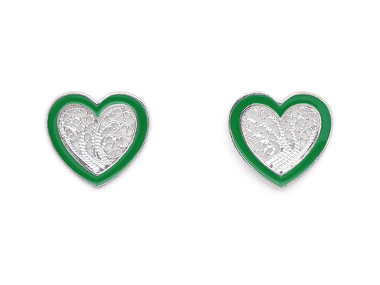 Brincos Coração Médio Esmalte Verde, Filigrana Portuguesa, Prata de Lei 925 - Vista de frente