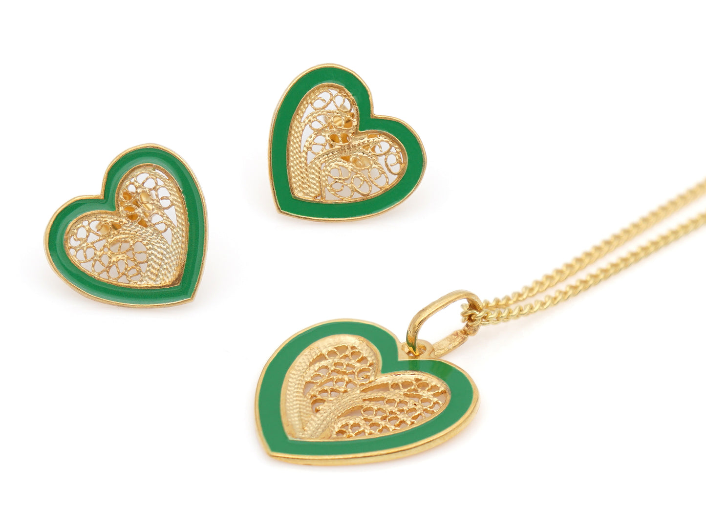 Conjunto Brincos + Colar Coração Médio Esmalte Verde, Filigrana Portuguesa, Prata de Lei 925 Dourada