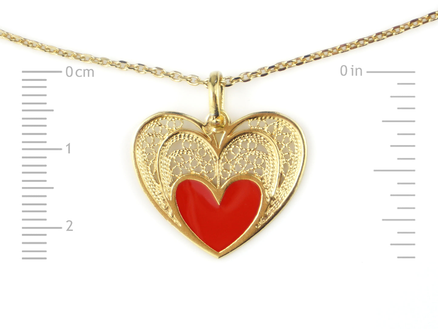 Colar Coração & Esmalte, Filigrana Portuguesa, Prata de Lei 925 Dourada - Medidas coração