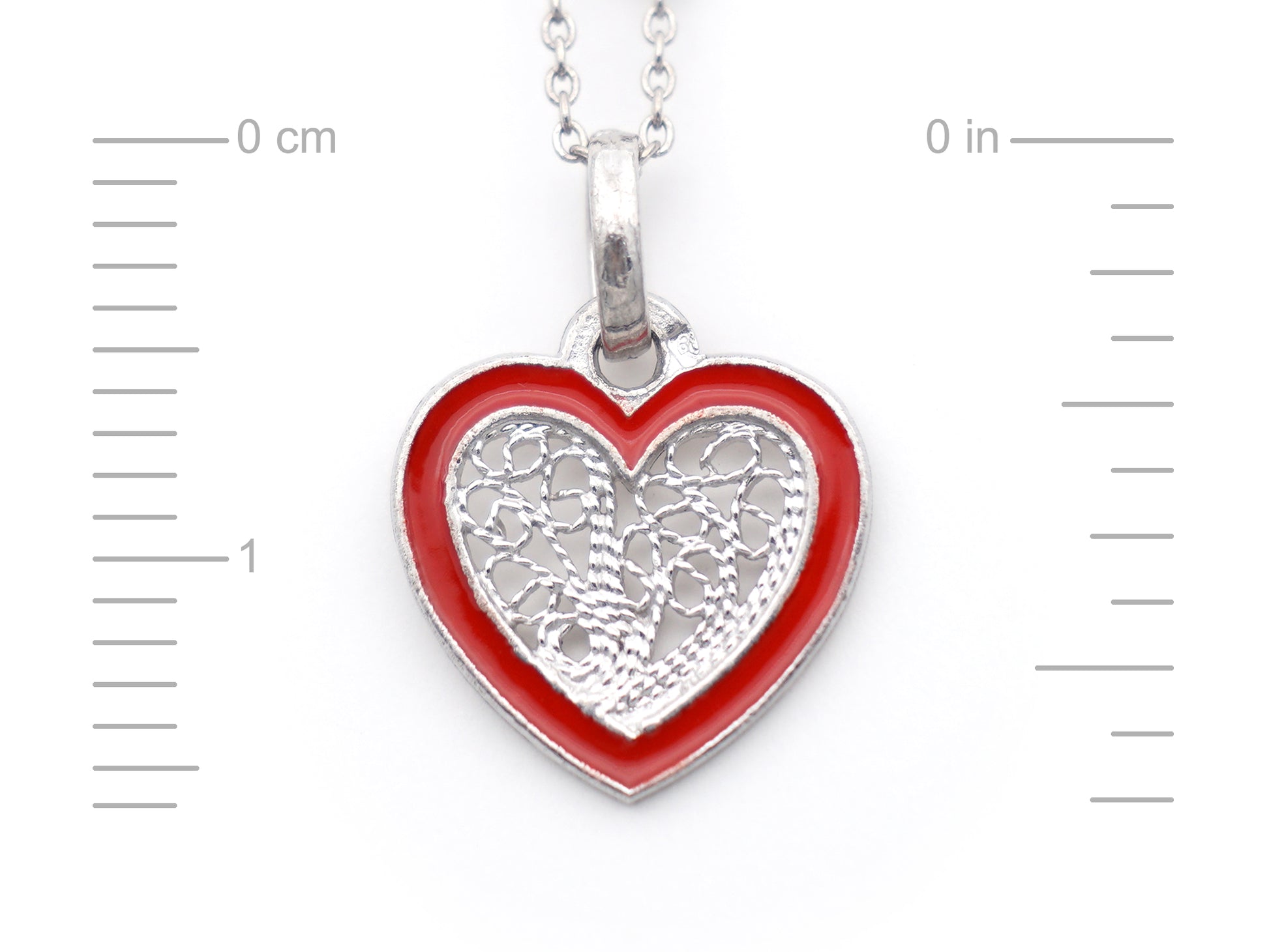 Colar Coração Pequeno Esmalte Vermelho, Filigrana Portuguesa, Prata de Lei 925 - Medidas coração