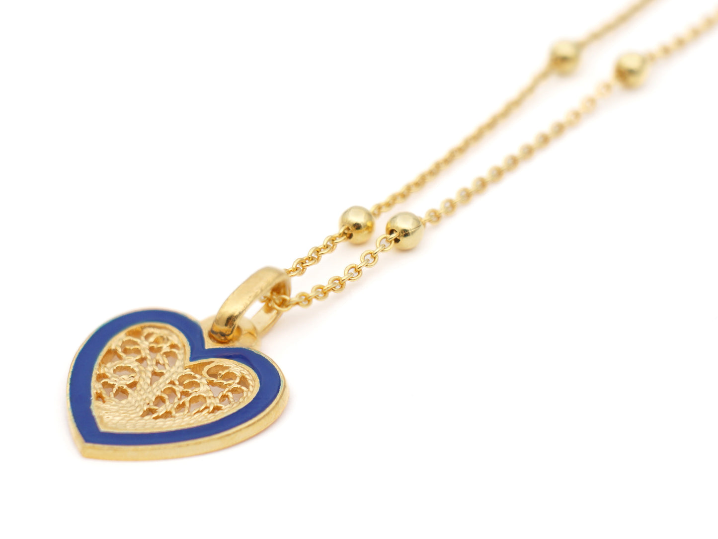 Colar Coração Pequeno Esmalte Azul, Filigrana Portuguesa, Prata de Lei 925 Dourada - Pormenor