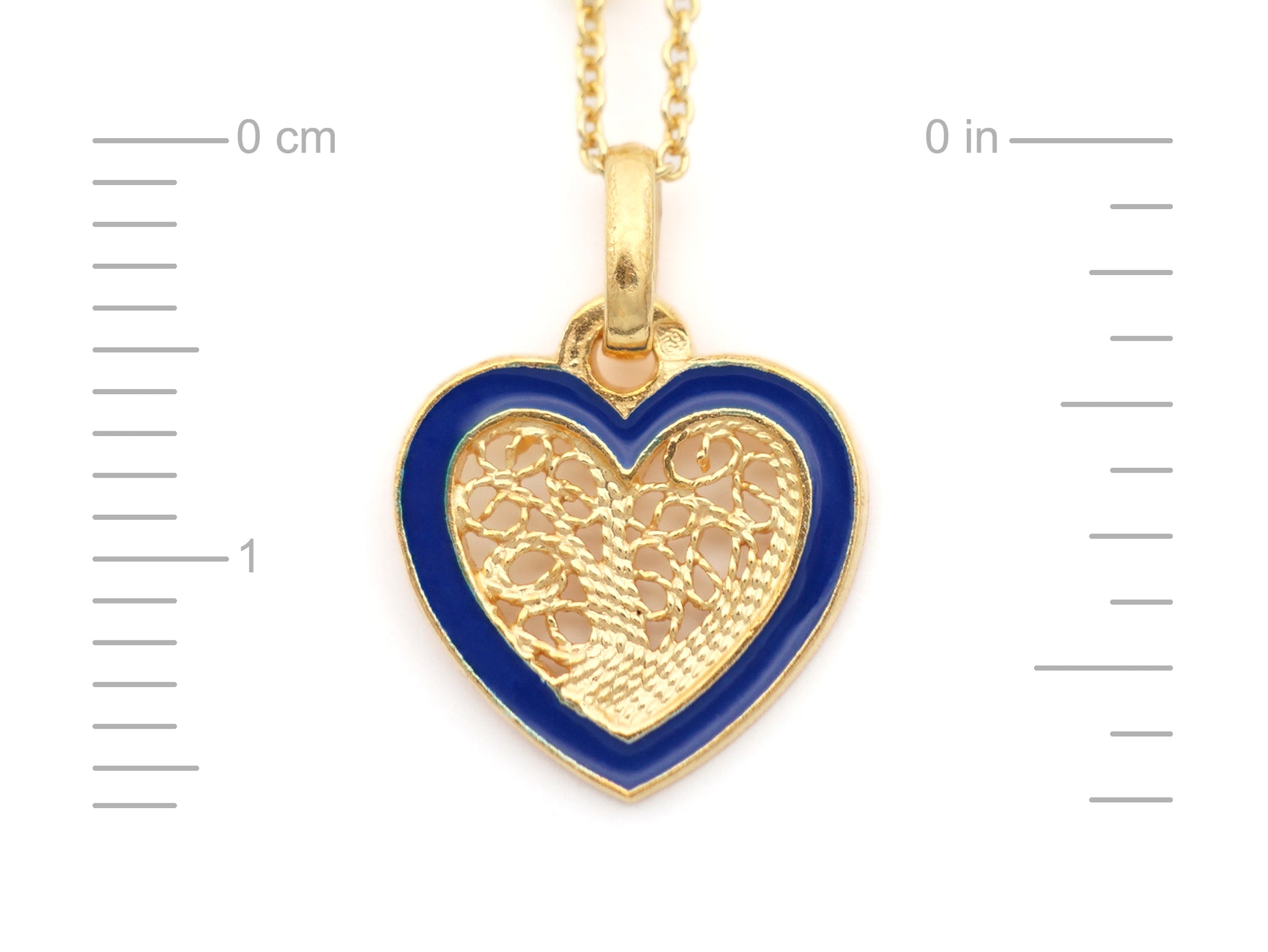Colar Coração Pequeno Esmalte Azul, Filigrana Portuguesa, Prata de Lei 925 Dourada - Medidas