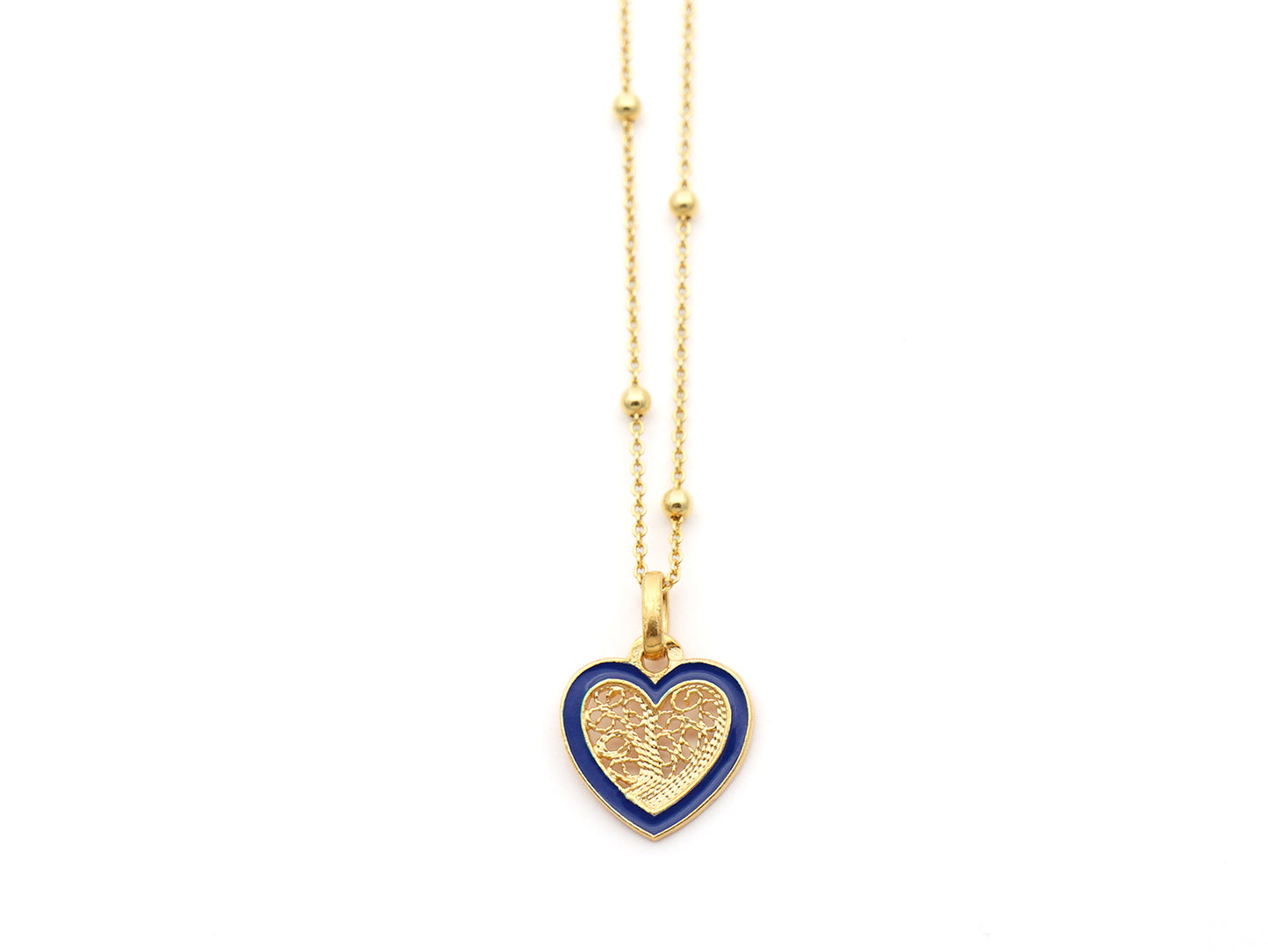 Colar Coração Pequeno Esmalte Azul, Filigrana Portuguesa, Prata de Lei 925 Dourada - Vista de frente
