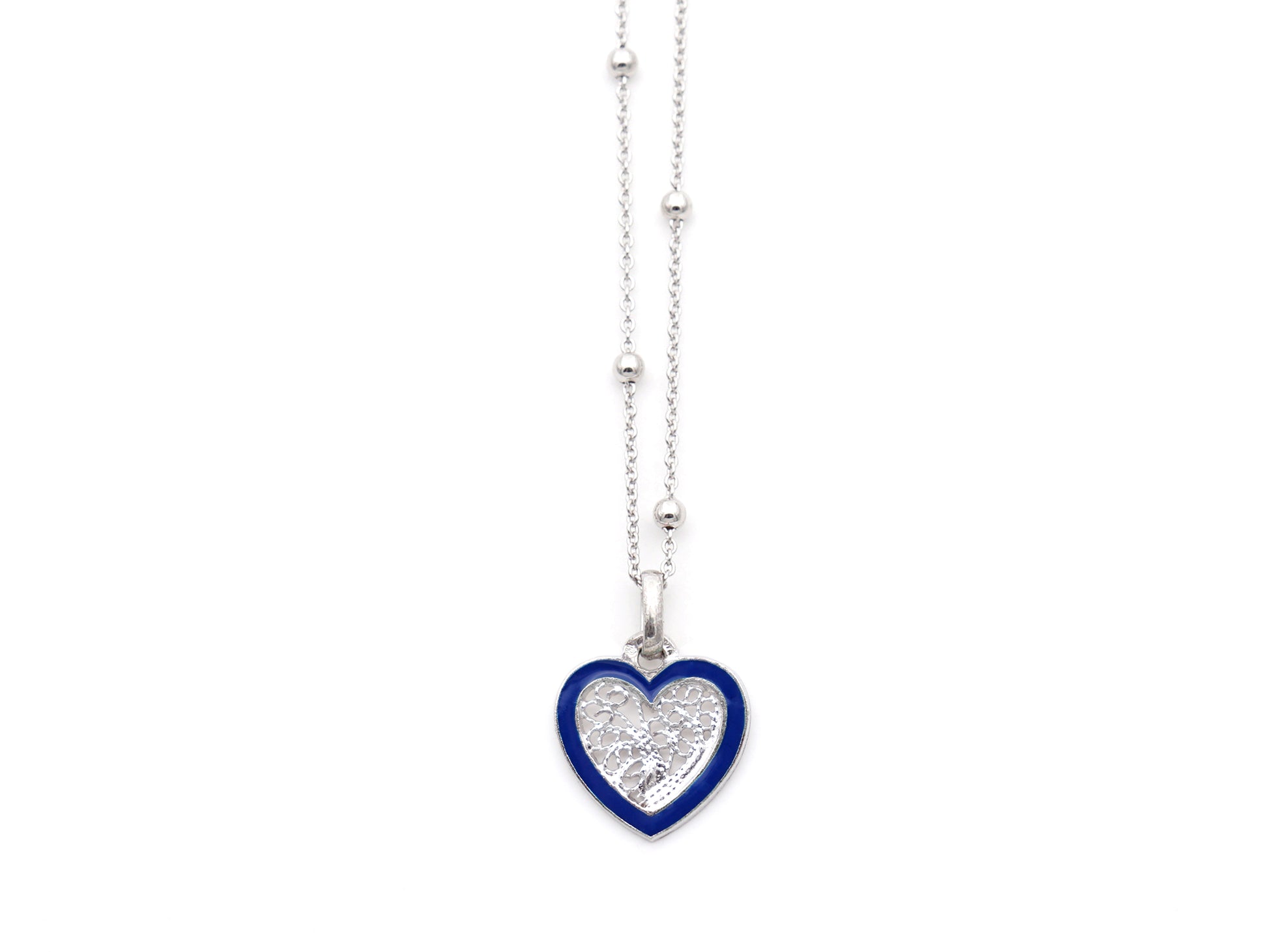 Colar Coração Pequeno Esmalte Azul, Filigrana Portuguesa, Prata de Lei 925 - Vista de frente