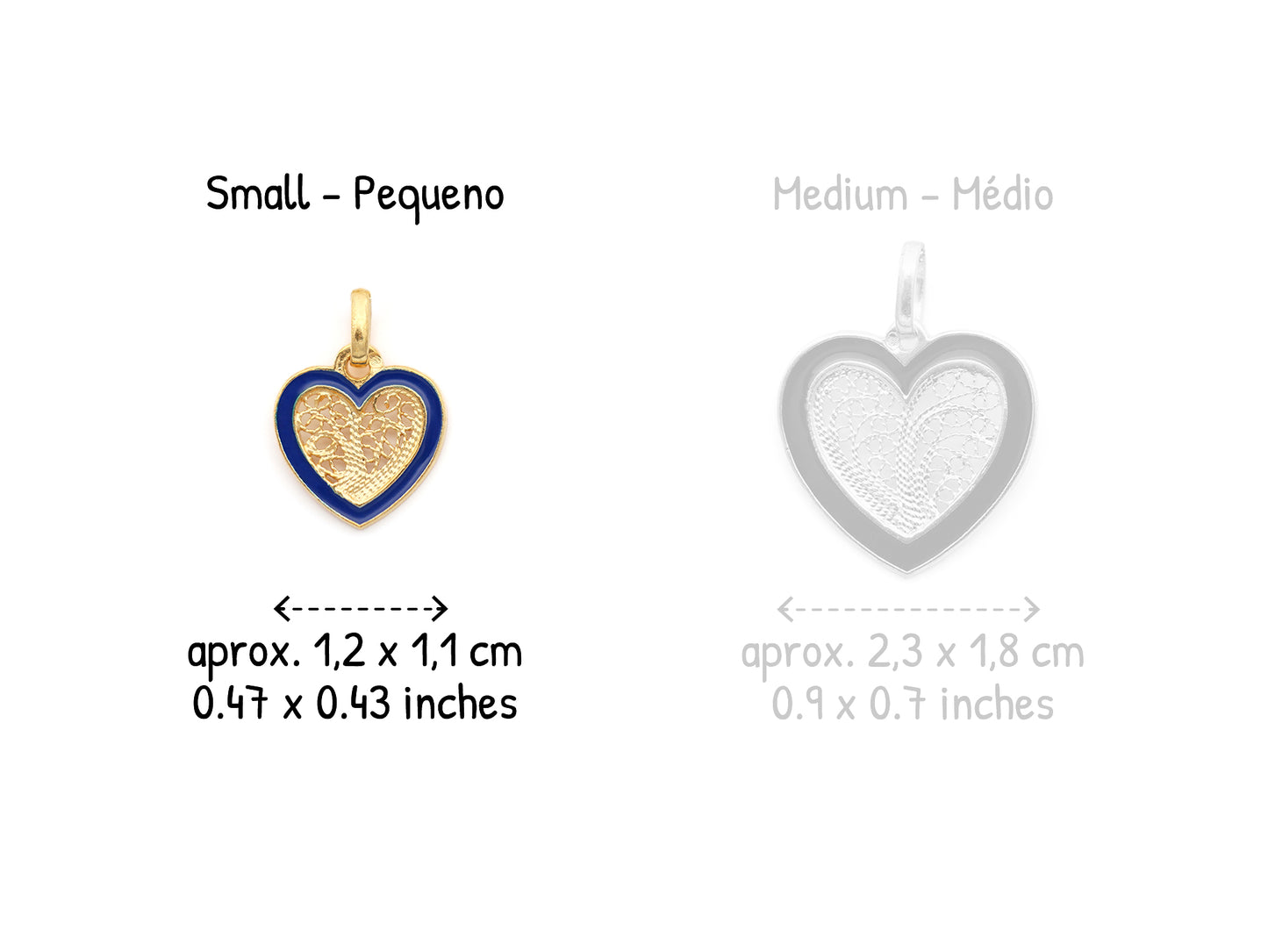 Medalha Coração Pequeno Esmalte Azul, Filigrana Portuguesa, Prata de Lei 925 Dourada - Comparação