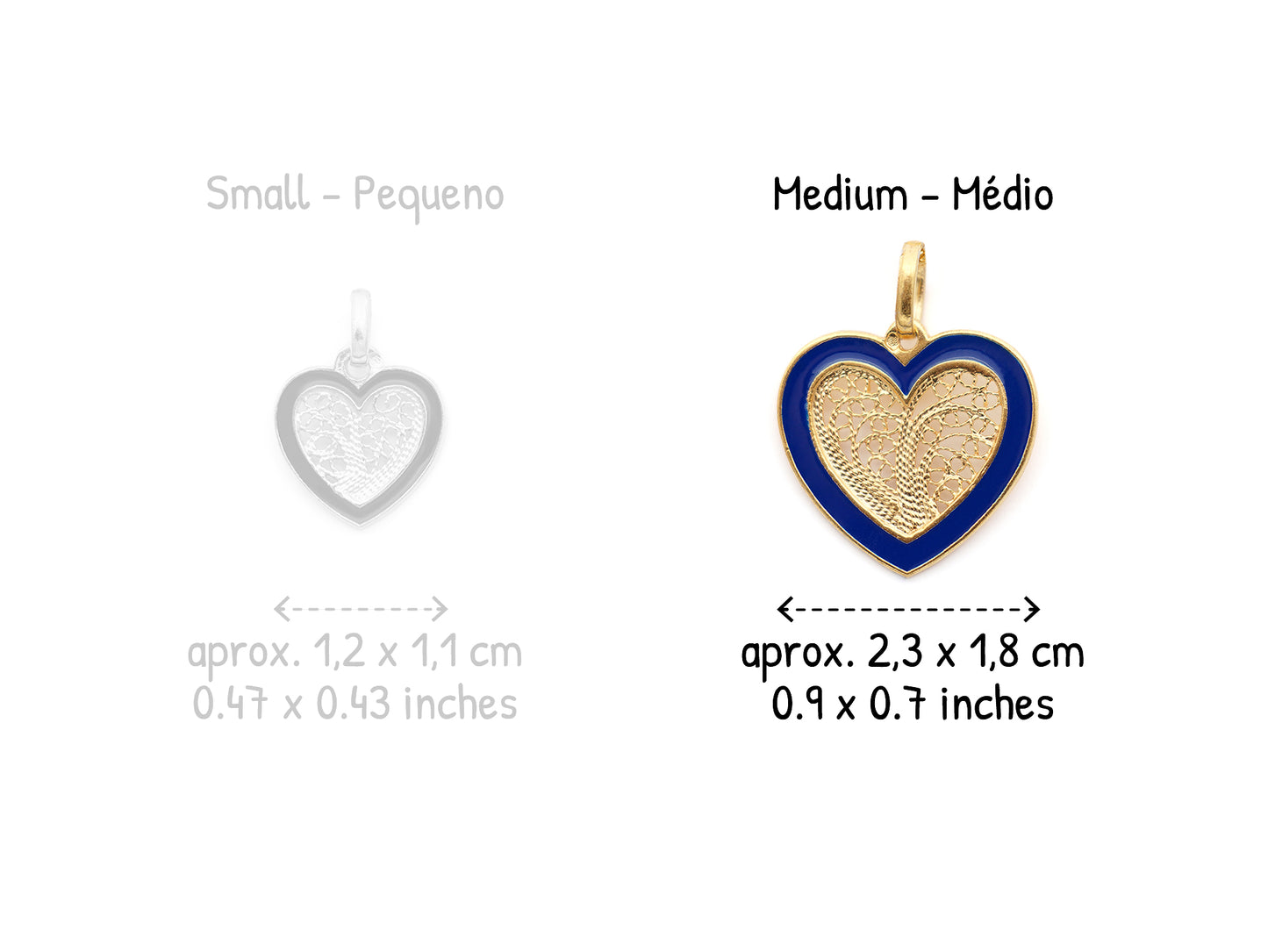 Colar Coração Médio Esmalte Azul, Filigrana Portuguesa, Prata de Lei 925 Dourada - Comparação