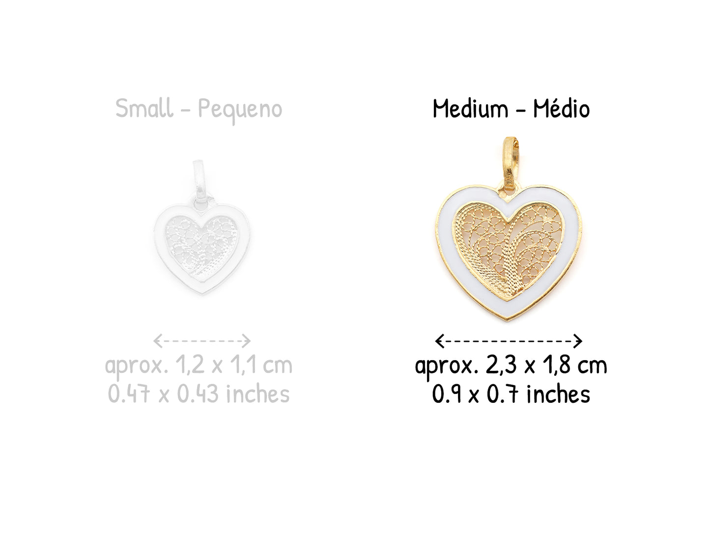 Colar Coração Médio Esmalte Branco, Filigrana Portuguesa, Prata de Lei 925 Dourada - Comparação