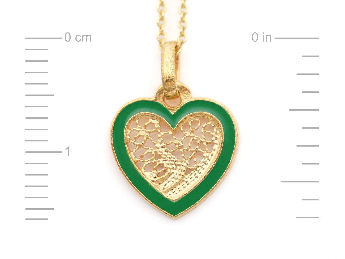 Colar Coração Pequeno Esmalte Verde, Filigrana Portuguesa, Prata de Lei 925 Dourada - Medidas