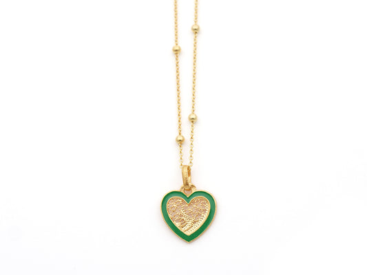 Colar Coração Pequeno Esmalte Verde, Filigrana Portuguesa, Prata de Lei 925 Dourada - Vista de frente