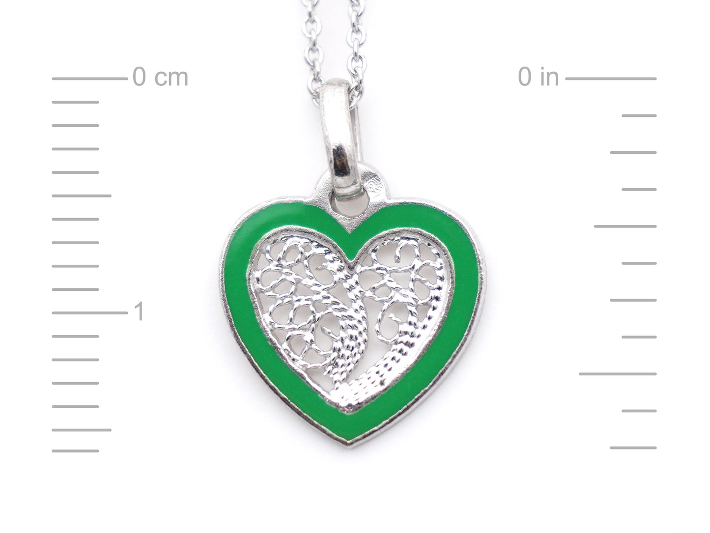 Colar Coração Pequeno Esmalte Verde, Filigrana Portuguesa, Prata de Lei 925 - Medidas coração