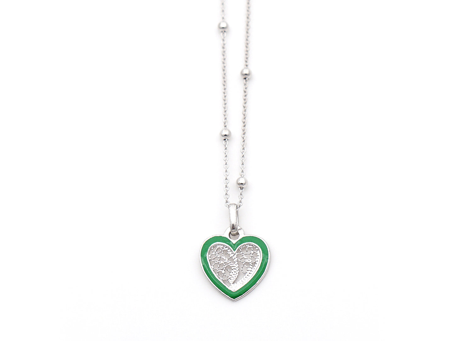 Colar Coração Pequeno Esmalte Verde, Filigrana Portuguesa, Prata de Lei 925 - Vista de frente