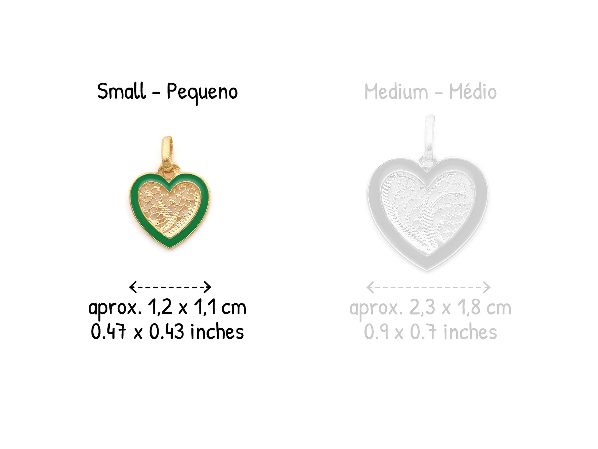 Medalha Coração Pequeno Esmalte Verde, Filigrana Portuguesa, Prata de Lei 925 Dourada - Comparação
