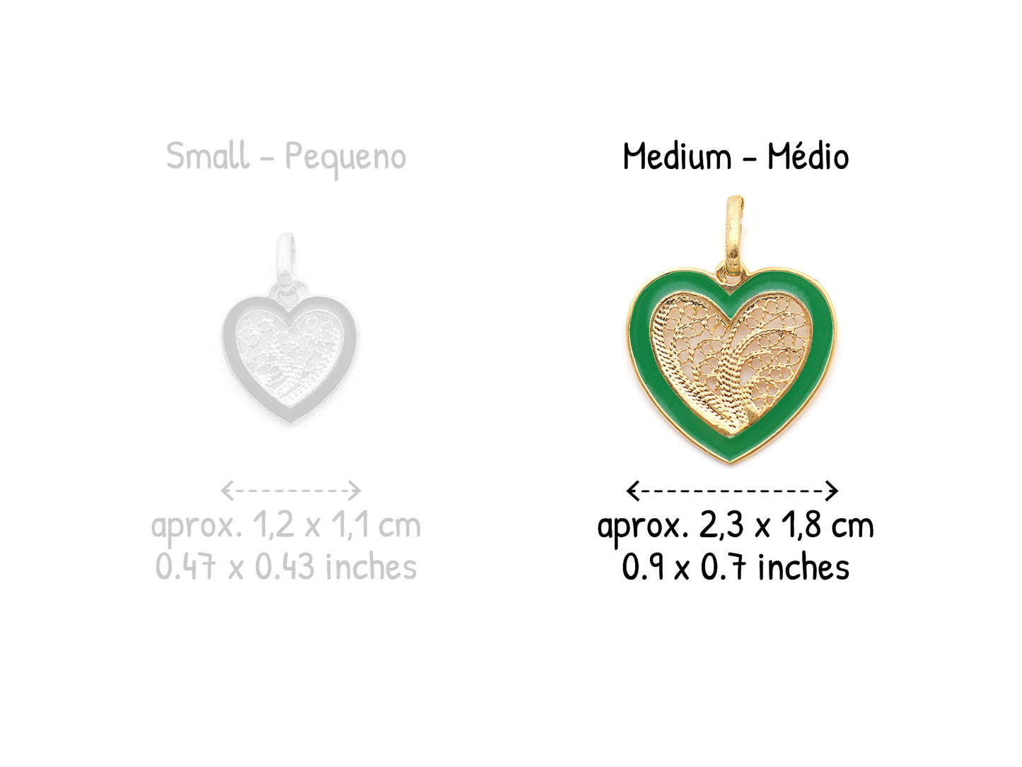 Colar Coração Médio Esmalte Verde, Filigrana Portuguesa, Prata de Lei 925 Dourada - Comparação