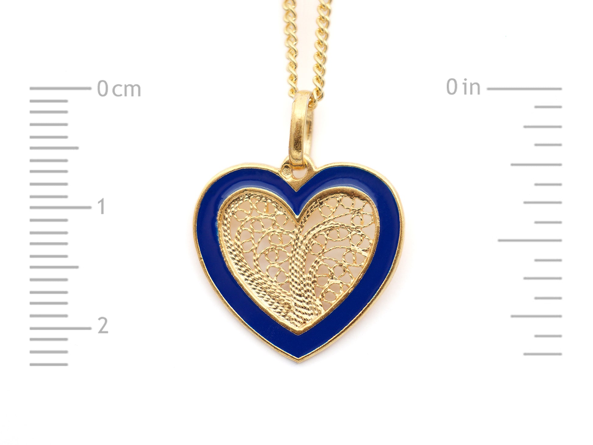 Colar Coração Médio Esmalte Azul, Filigrana Portuguesa, Prata de Lei 925 Dourada - Medidas coração