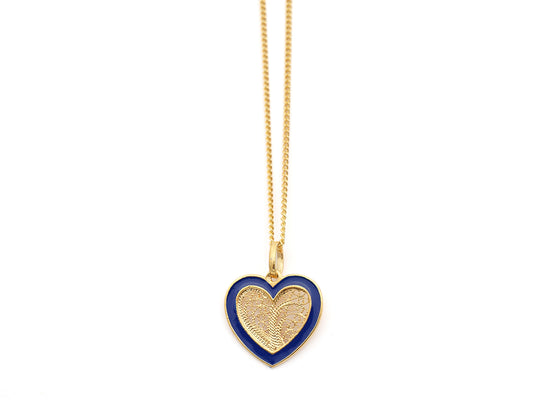 Colar Coração Médio Esmalte Azul, Filigrana Portuguesa, Prata de Lei 925 Dourada - Vista de frente