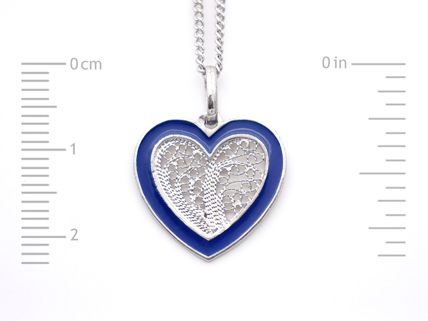 Colar Coração Médio Esmalte Azul, Filigrana Portuguesa, Prata de Lei 925 - Medida coração