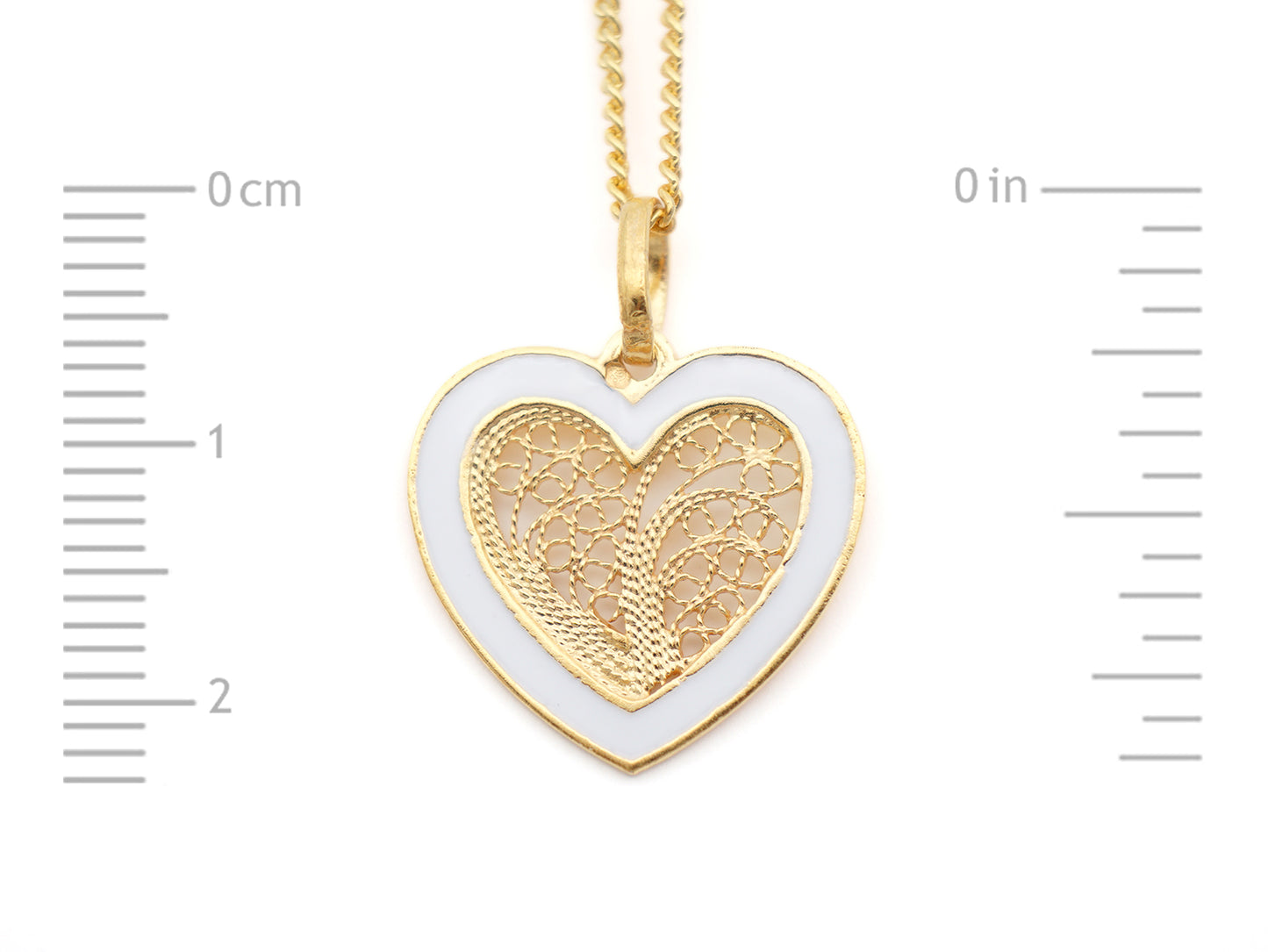 Colar Coração Médio Esmalte Branco, Filigrana Portuguesa, Prata de Lei 925 Dourada - Medidas coração
