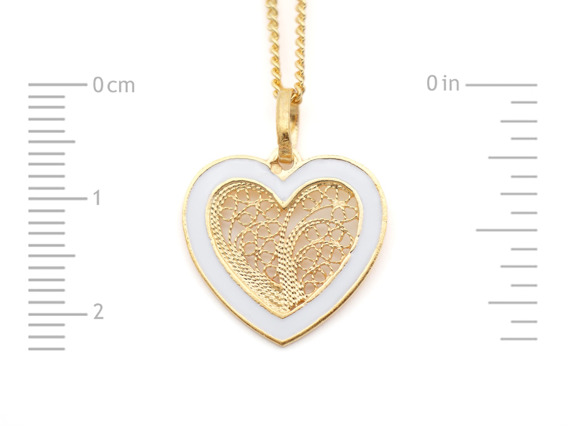 Colar Coração Médio Esmalte Branco, Filigrana Portuguesa, Prata de Lei 925 Dourada - Medidas coração