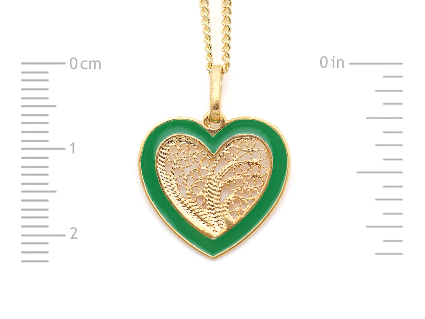 Colar Coração Médio Esmalte Verde, Filigrana Portuguesa, Prata de Lei 925 Dourada - Medidas coração