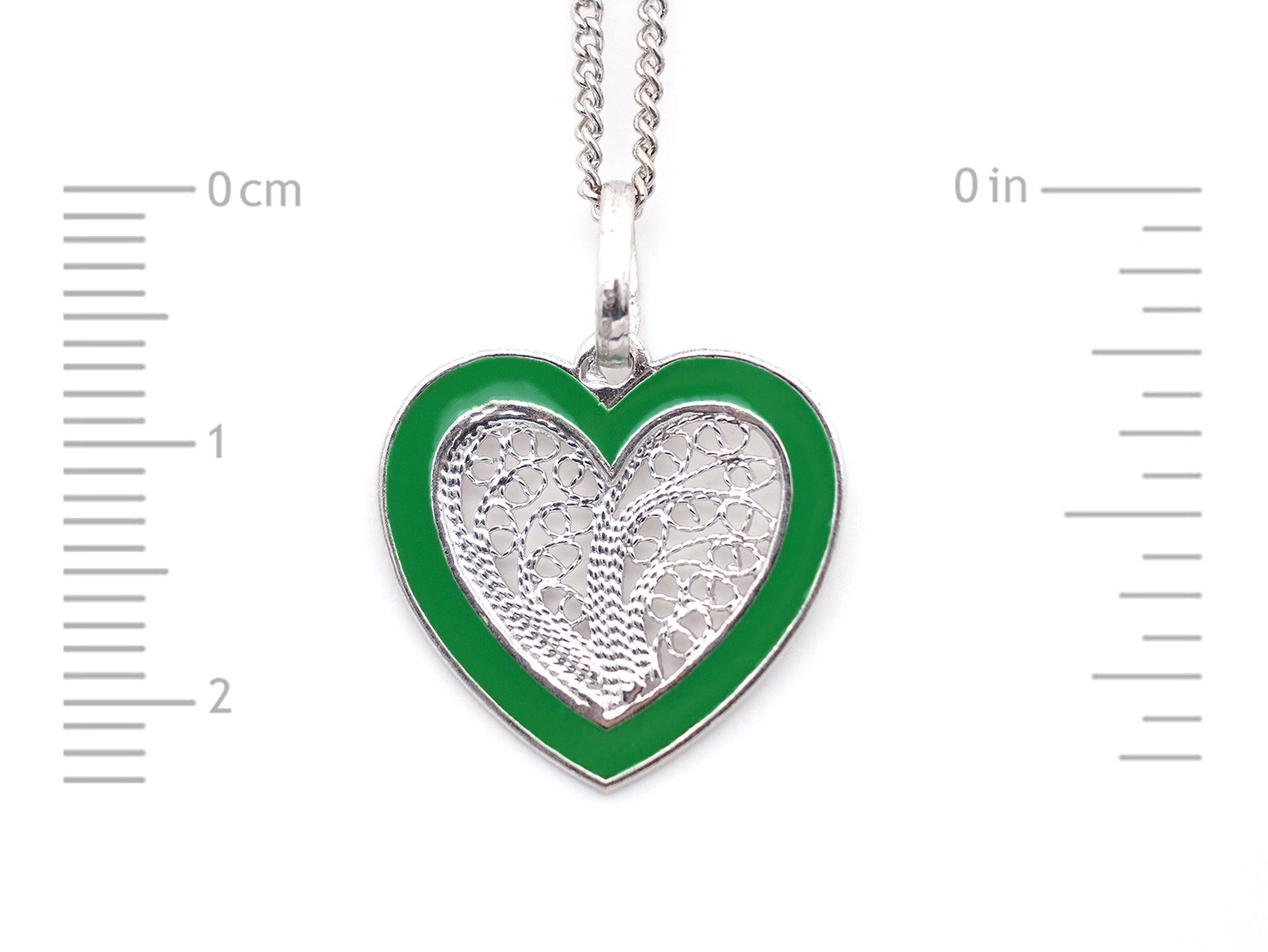 Colar Coração Médio Esmalte Verde, Filigrana Portuguesa, Prata de Lei 925 - Medidas coração