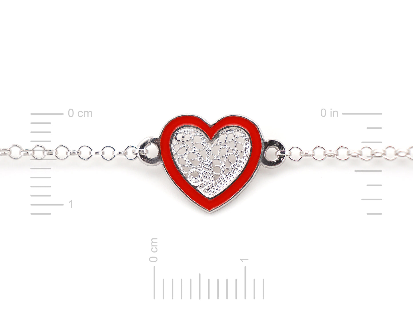 Pulseira Coração Pequeno Esmalte Vermelho, Filigrana Portuguesa, Prata de Lei 925 - Medidas coração