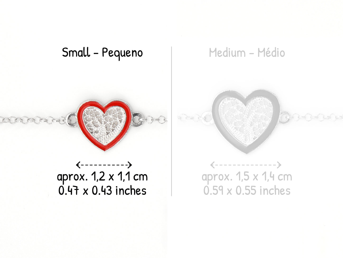 Pulseira Coração Pequeno Esmalte Vermelho, Filigrana Portuguesa, Prata de Lei 925 - Comparação