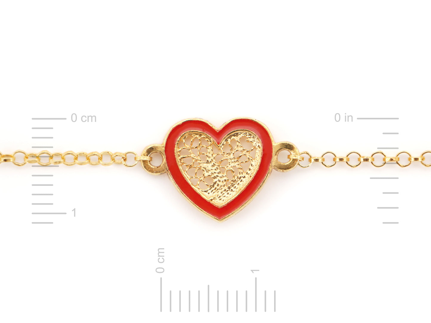 Pulseira Coração Pequeno Esmalte Vermelho, Filigrana Portuguesa, Prata de Lei 925 Dourada - Medida coração