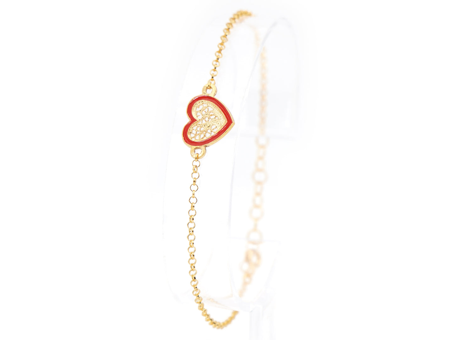 Pulseira Coração Pequeno Esmalte Vermelho, Filigrana Portuguesa, Prata de Lei 925 Dourada - Pulseira em exposição