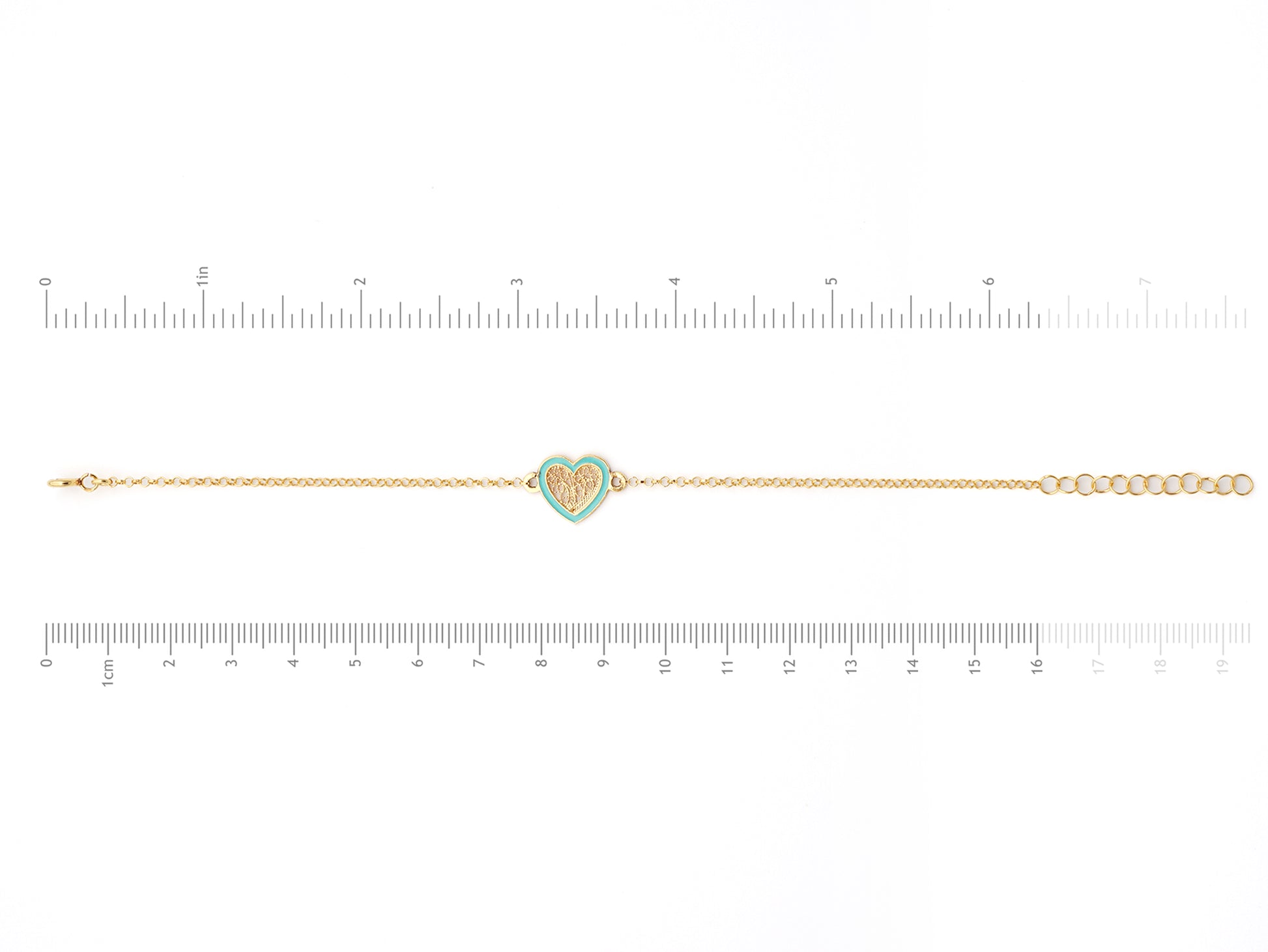 Pulseira Coração Pequeno Esmalte Turquesa, Filigrana Portuguesa, Prata de Lei 925 Dourada - Medidas pulseira