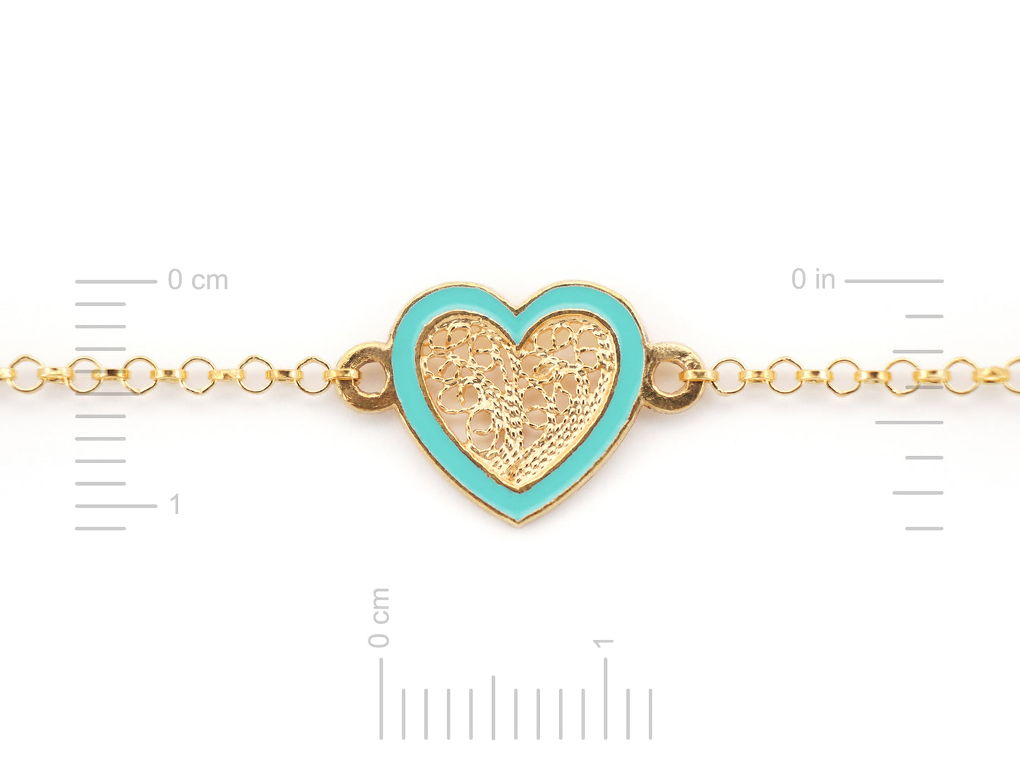Pulseira Coração Pequeno Esmalte Turquesa, Filigrana Portuguesa, Prata de Lei 925 Dourada - Medidas coração