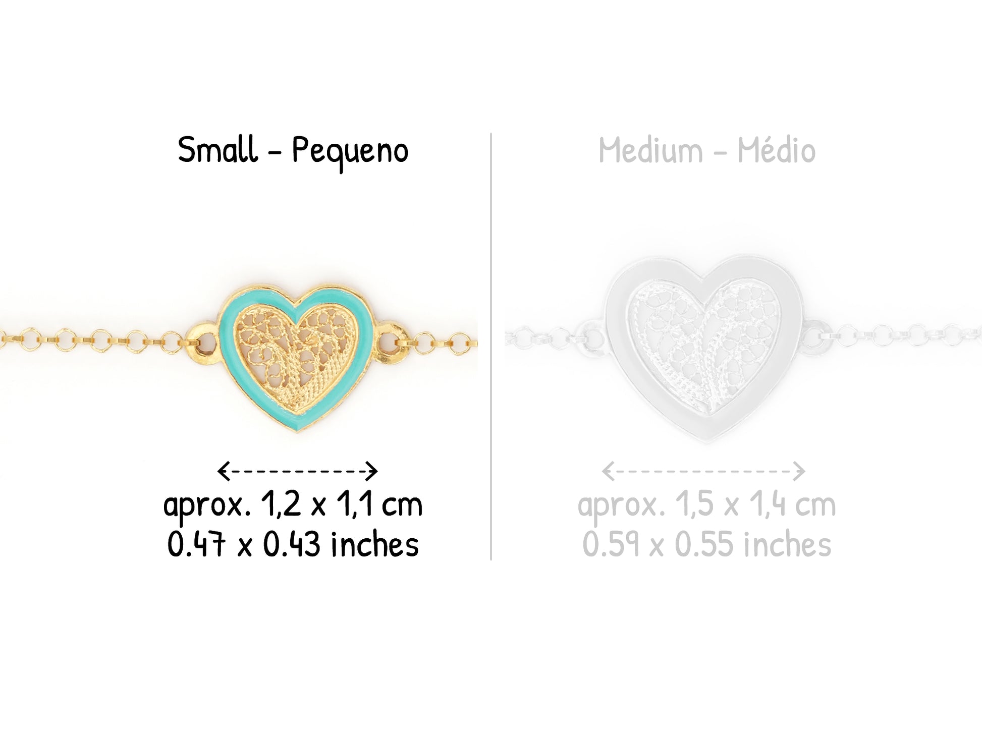 Pulseira Coração Pequeno Esmalte Turquesa, Filigrana Portuguesa, Prata de Lei 925 Dourada - Comparação