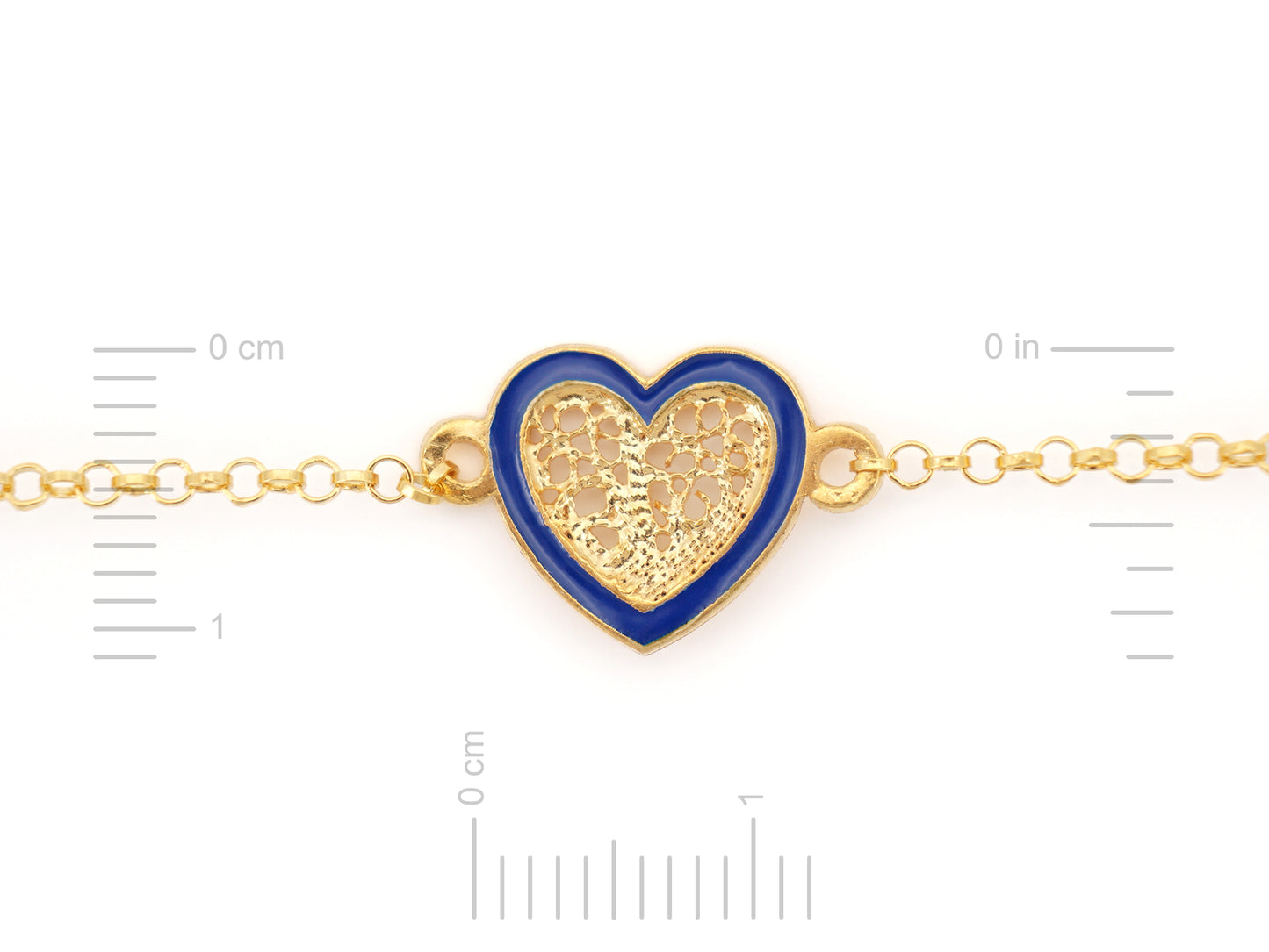 Pulseira Coração Pequeno Esmalte Azul, Filigrana Portuguesa, Prata de Lei 925 Dourada - Medida coração