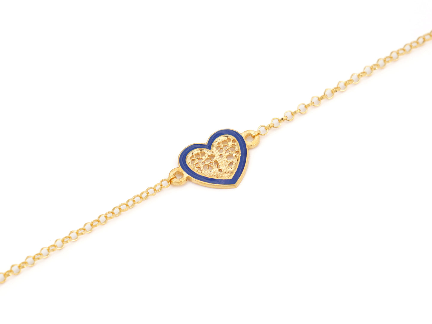 Pulseira Coração Pequeno Esmalte Azul, Filigrana Portuguesa, Prata de Lei 925 Dourada - Pormenor