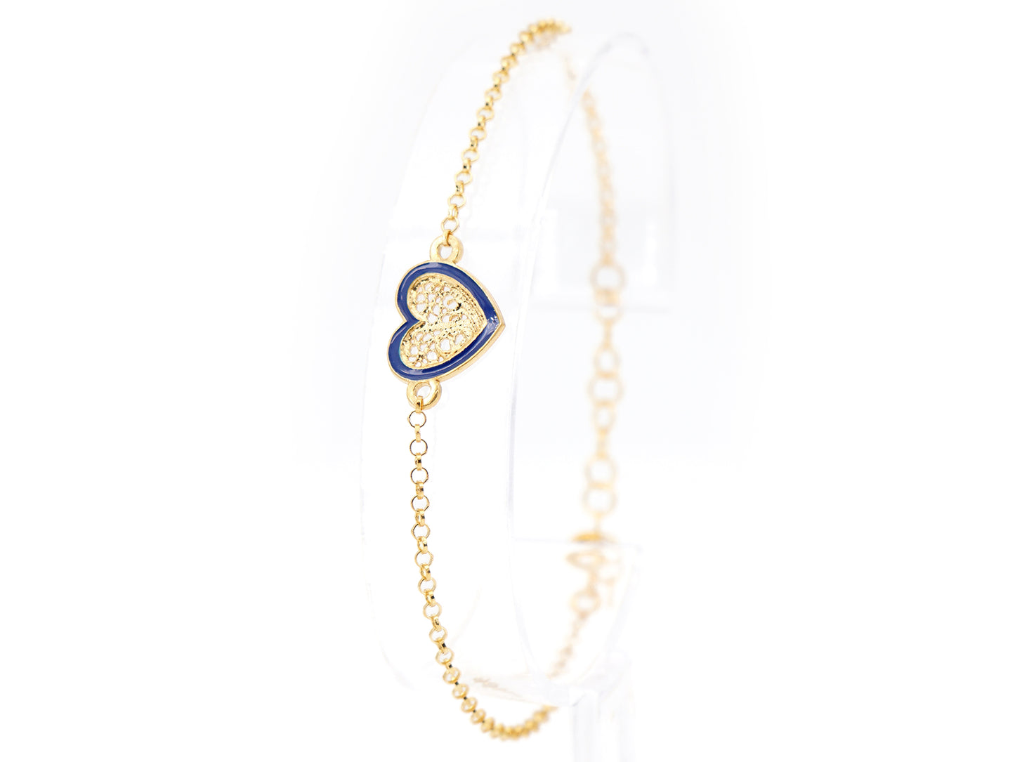 Pulseira Coração Pequeno Esmalte Azul, Filigrana Portuguesa, Prata de Lei 925 Dourada - Pulseira em exposição