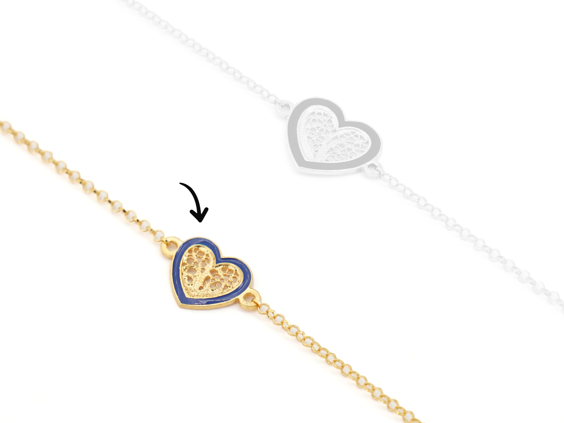 Pulseira Coração Pequeno Esmalte Azul, Filigrana Portuguesa, Prata de Lei 925 Dourada - Comparação