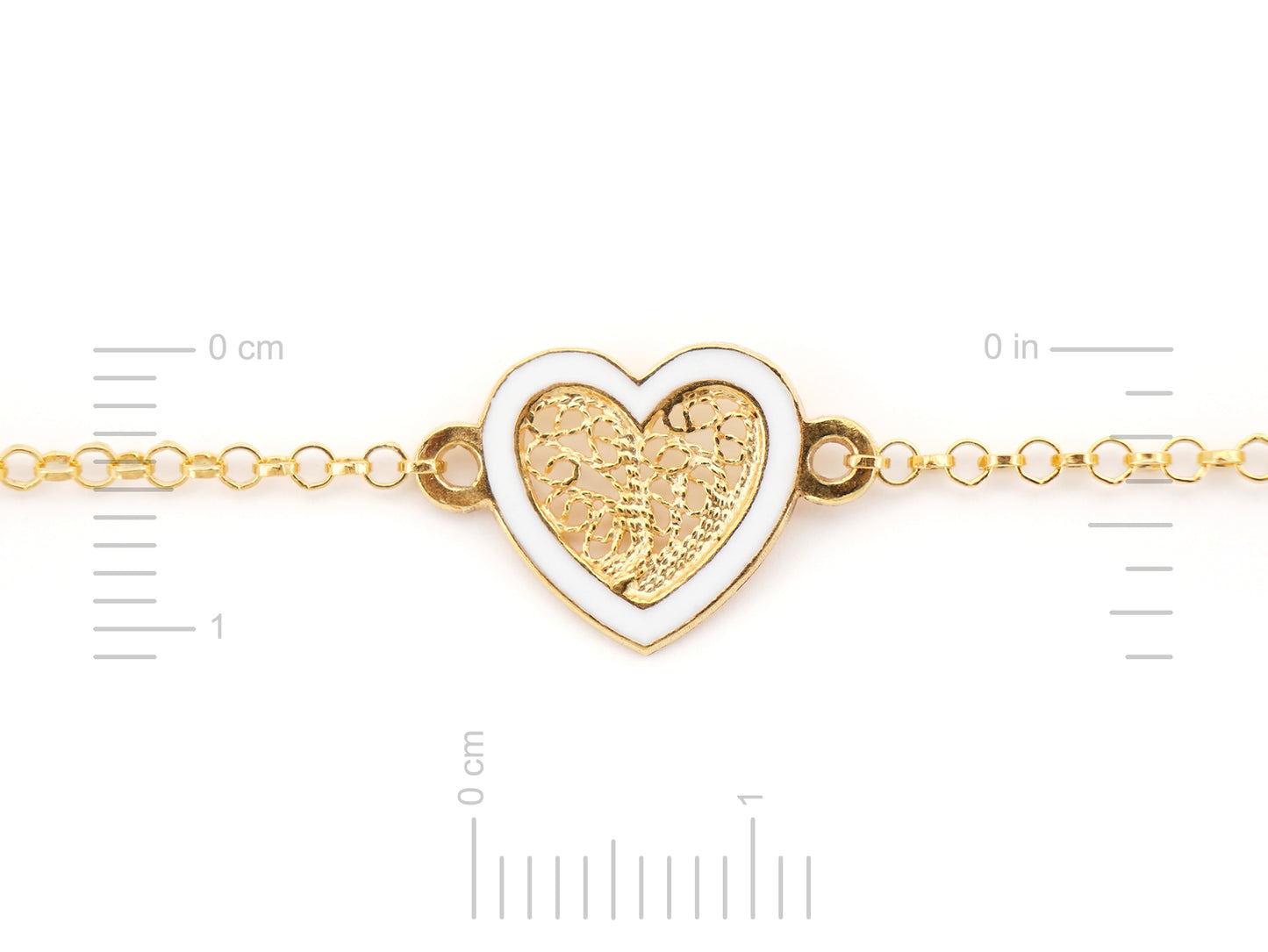 Pulseira Coração Pequeno Esmalte Branco, Filigrana Portuguesa, Prata de Lei 925 Dourada - Medidas coração