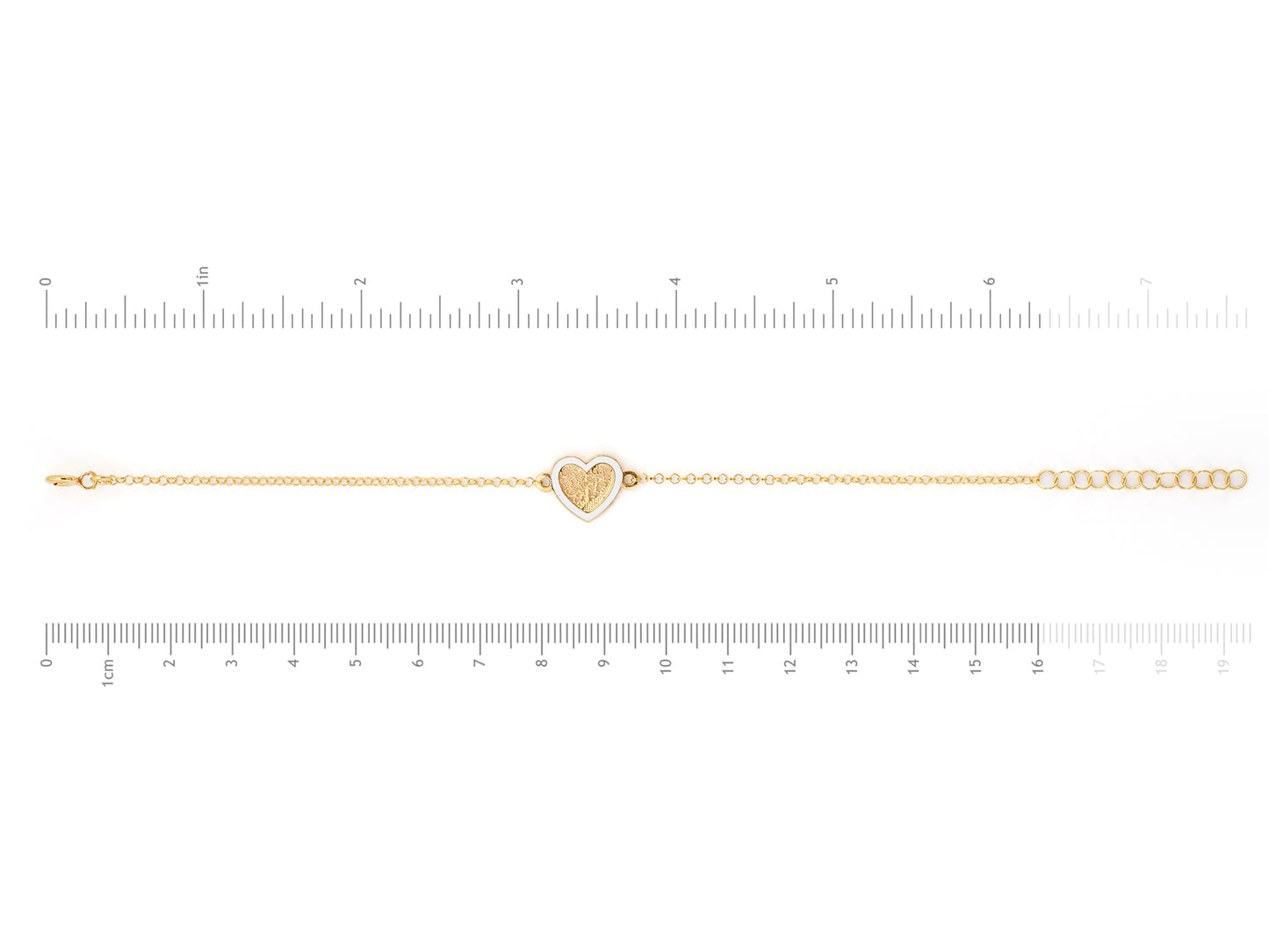 Pulseira Coração Pequeno Esmalte Branco, Filigrana Portuguesa, Prata de Lei 925 Dourada - Medidas pulseira