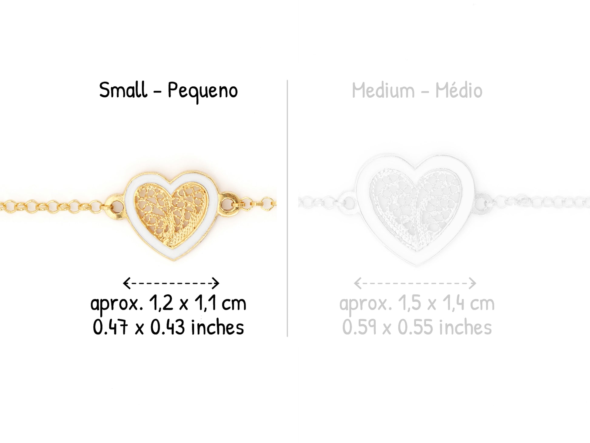Pulseira Coração Pequeno Esmalte Branco, Filigrana Portuguesa, Prata de Lei 925 Dourada - Comparação