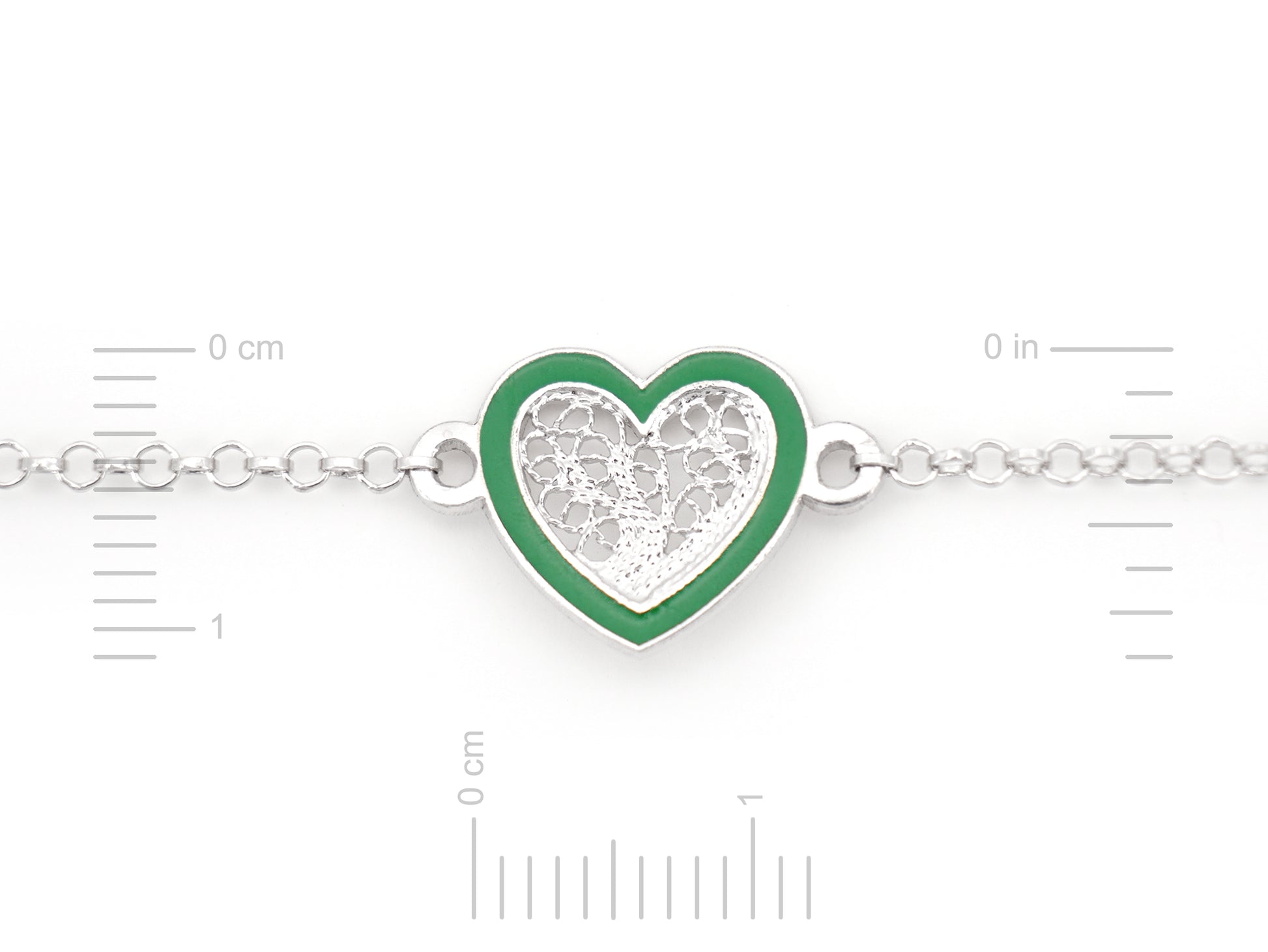 Pulseira Coração Pequeno Esmalte Verde, Filigrana Portuguesa, Prata de Lei 925 - Medidas coração