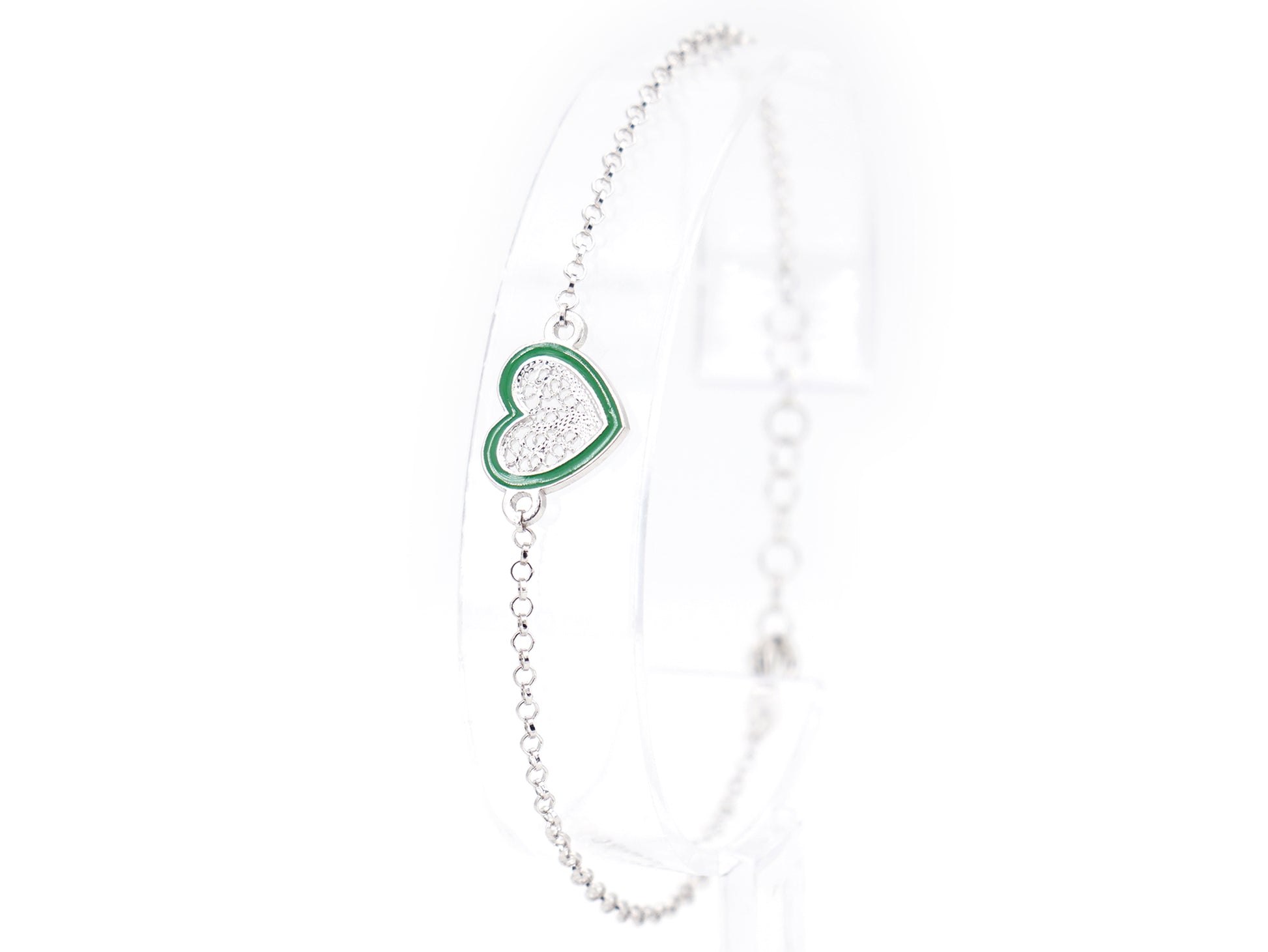 Pulseira Coração Pequeno Esmalte Verde, Filigrana Portuguesa, Prata de Lei 925 - Pulseira em exposição